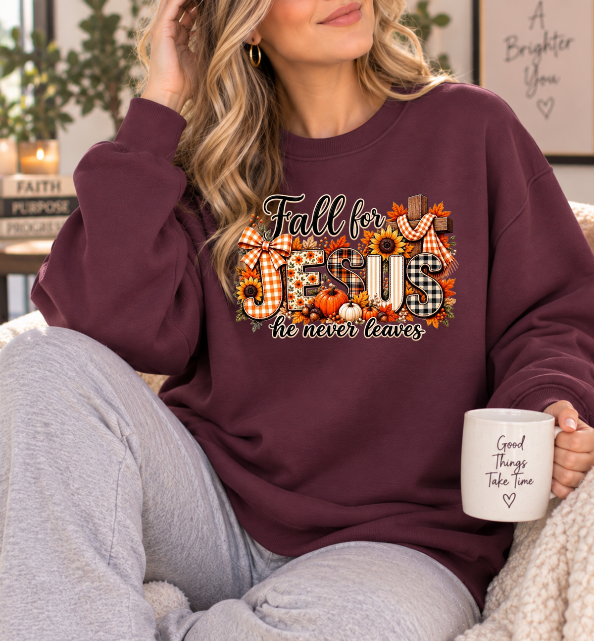 Fall for Jesus, He Never Leaves Christian Crewneck Sweatshirt | Classic Fall