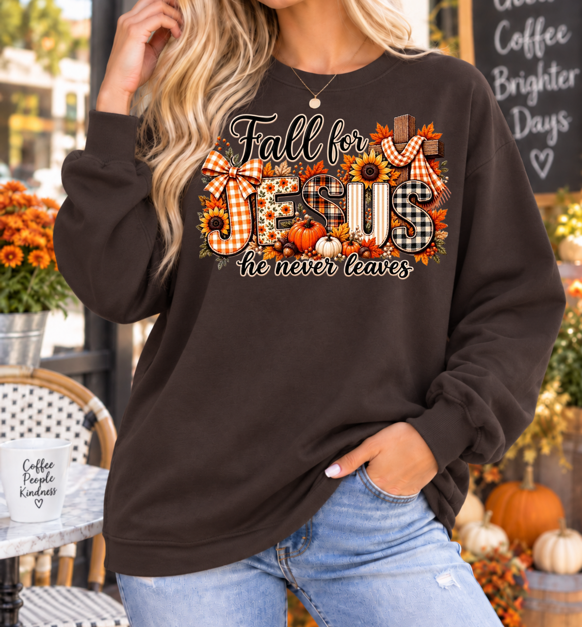 Fall for Jesus, He Never Leaves Christian Crewneck Sweatshirt | Classic Fall