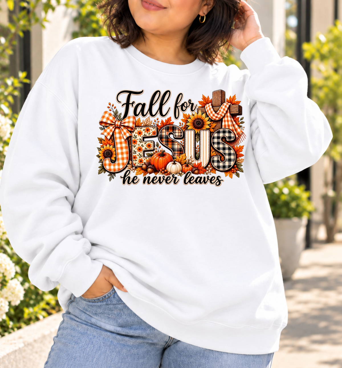Fall for Jesus, He Never Leaves Christian Crewneck Sweatshirt | Classic Fall