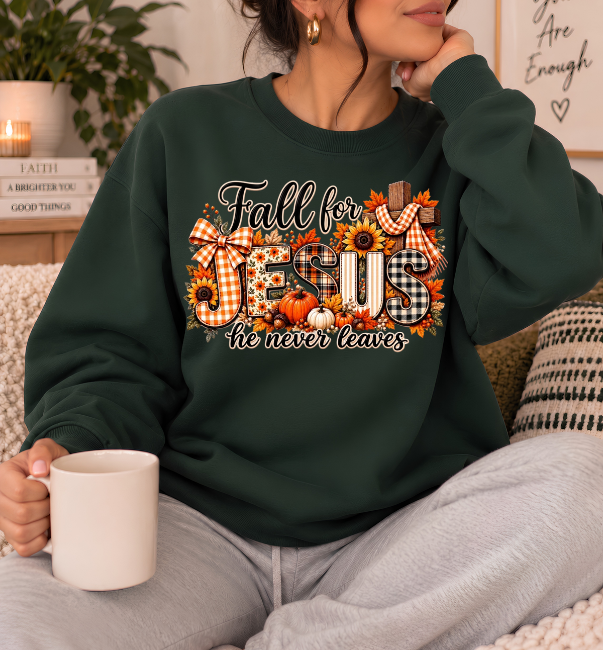 Fall for Jesus, He Never Leaves Christian Crewneck Sweatshirt | Classic Fall