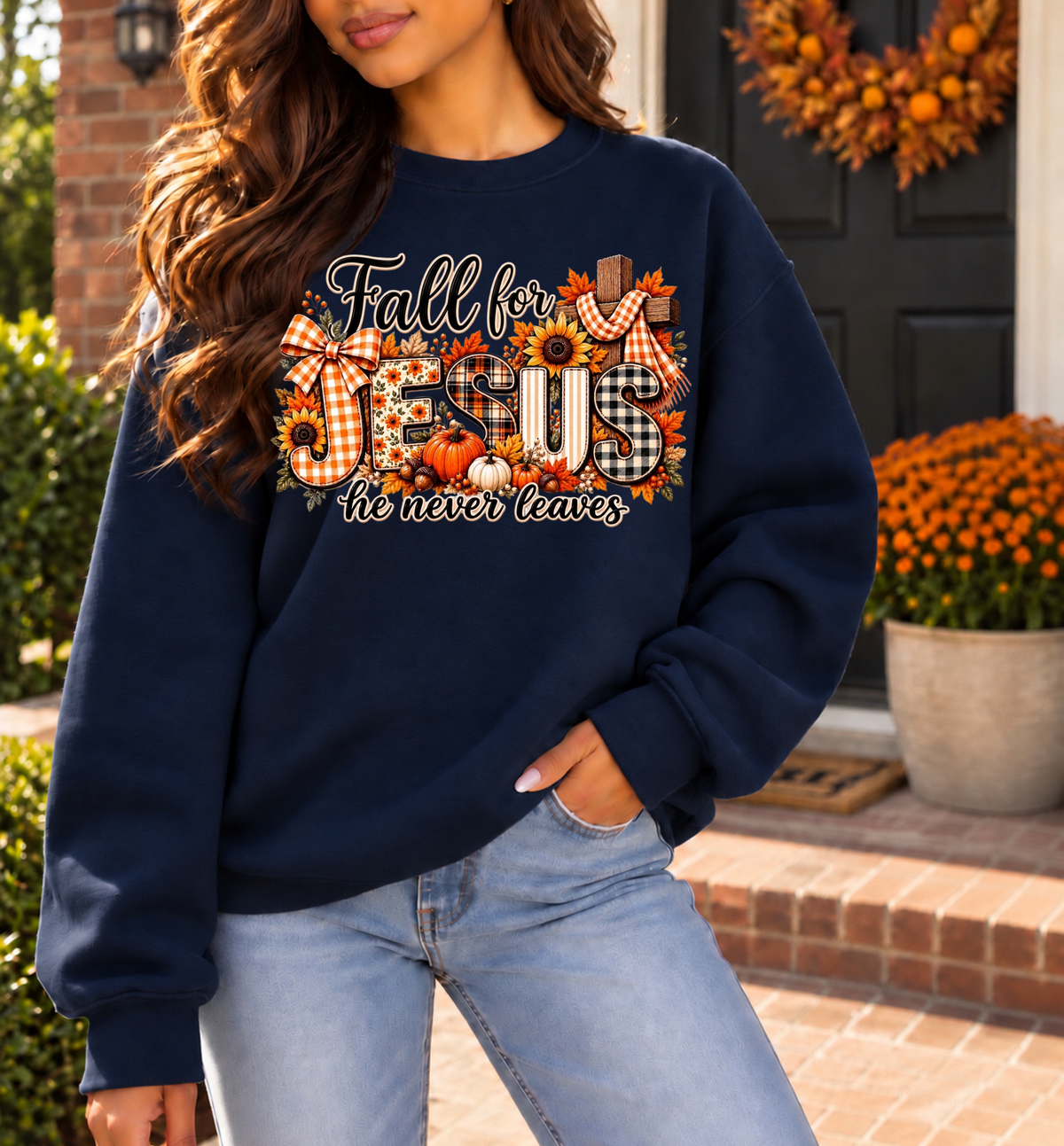 Fall for Jesus, He Never Leaves Christian Crewneck Sweatshirt | Classic Fall