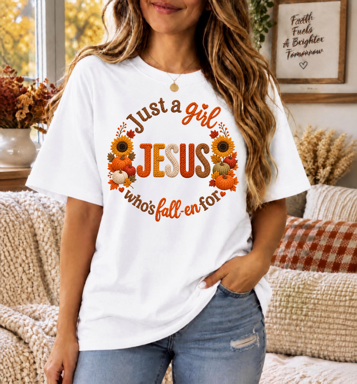Just a girl who’s fall-en for Jesus  T-Shirt | Fall Pumpkin Cross Faith Design