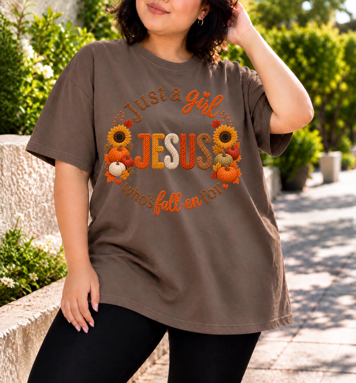 Just a girl who’s fall-en for Jesus  T-Shirt | Fall Pumpkin Cross Faith Design