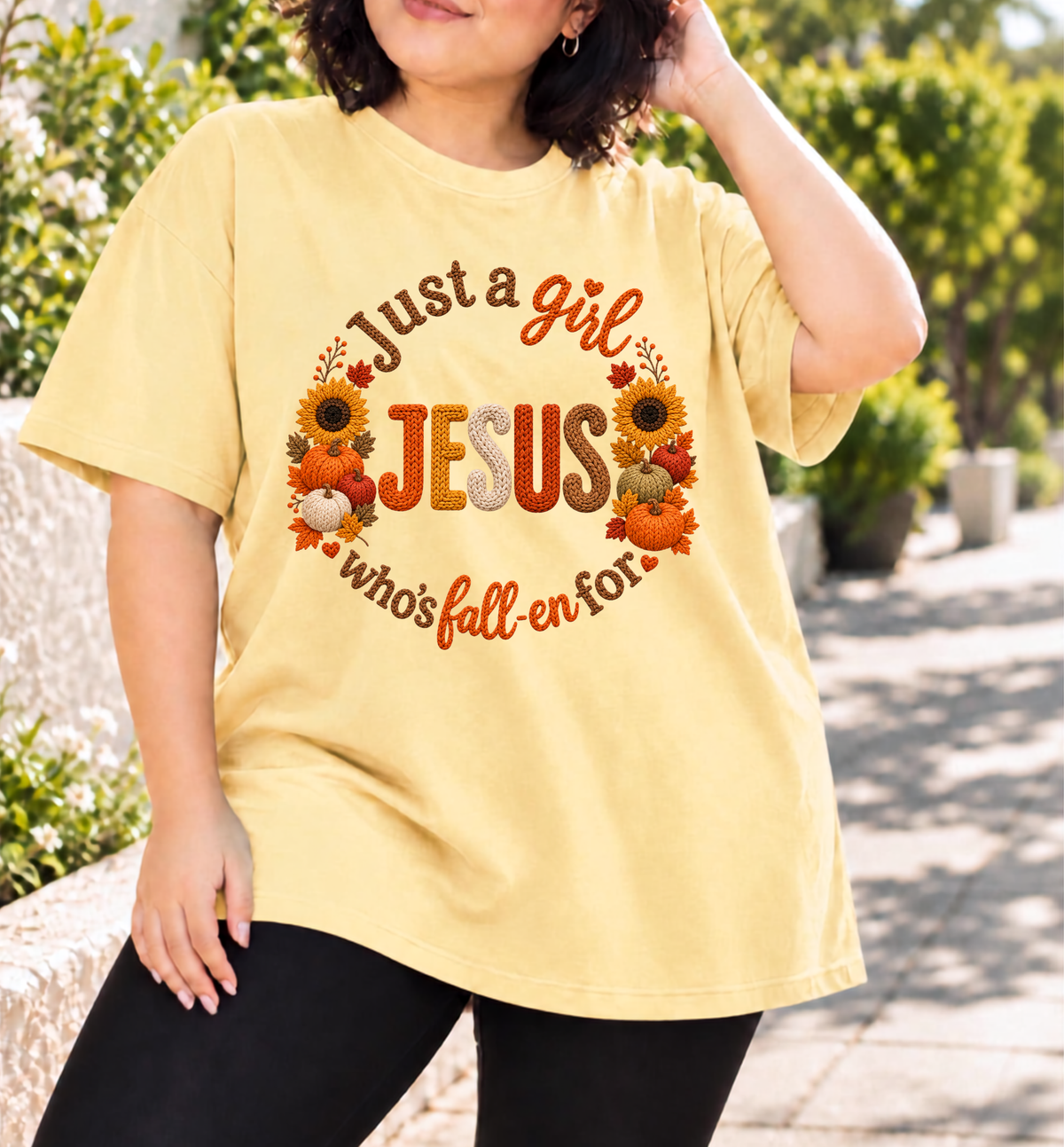 Just a girl who’s fall-en for Jesus  T-Shirt | Fall Pumpkin Cross Faith Design