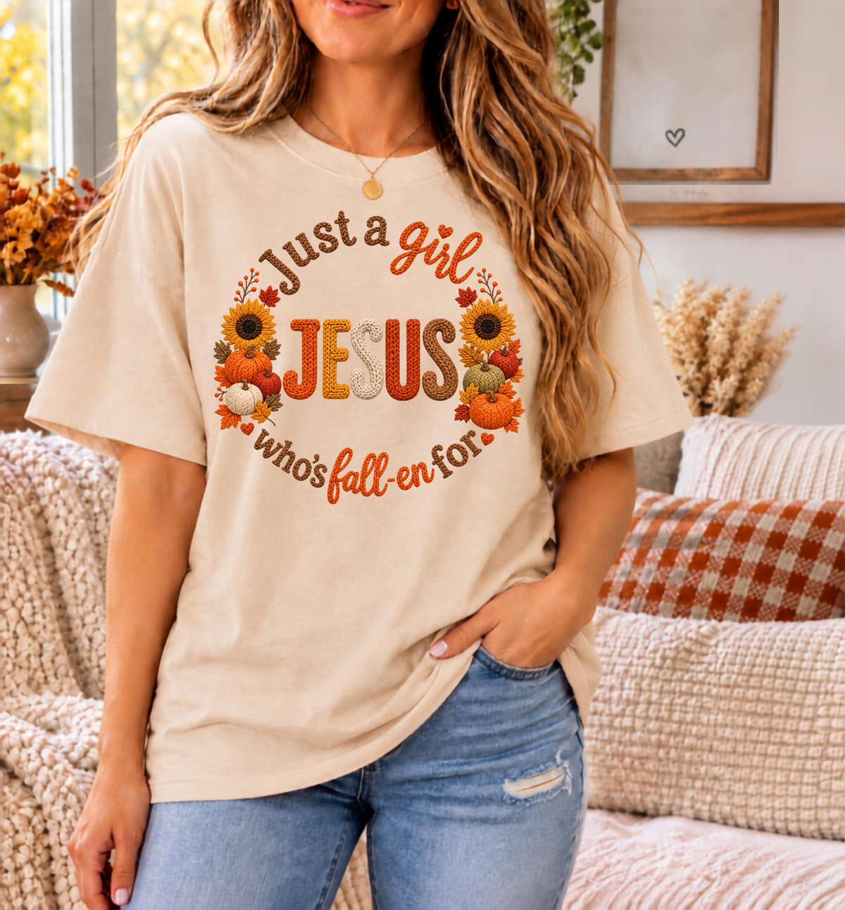 Just a girl who’s fall-en for Jesus  T-Shirt | Fall Pumpkin Cross Faith Design