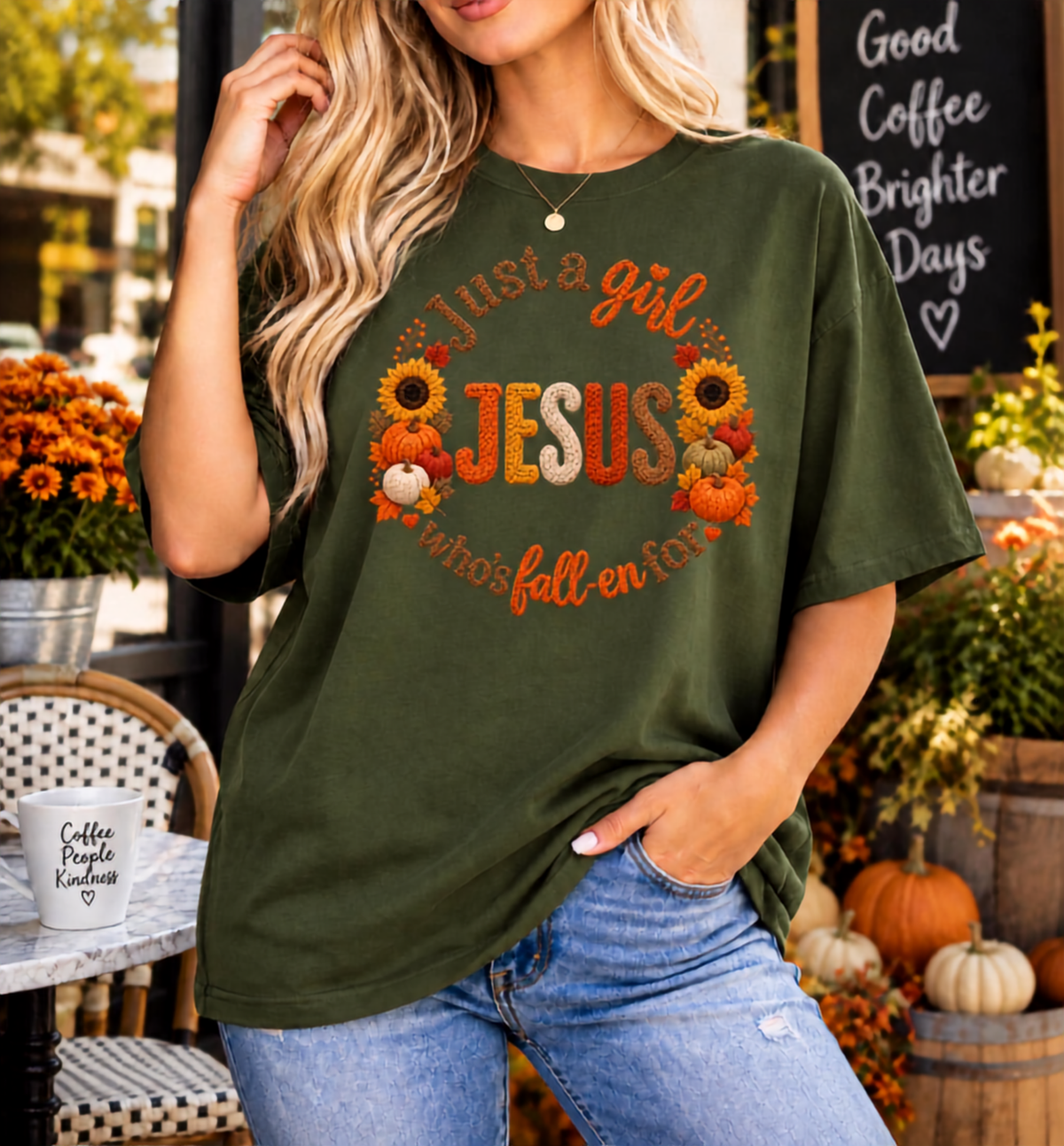 Just a girl who’s fall-en for Jesus  T-Shirt | Fall Pumpkin Cross Faith Design