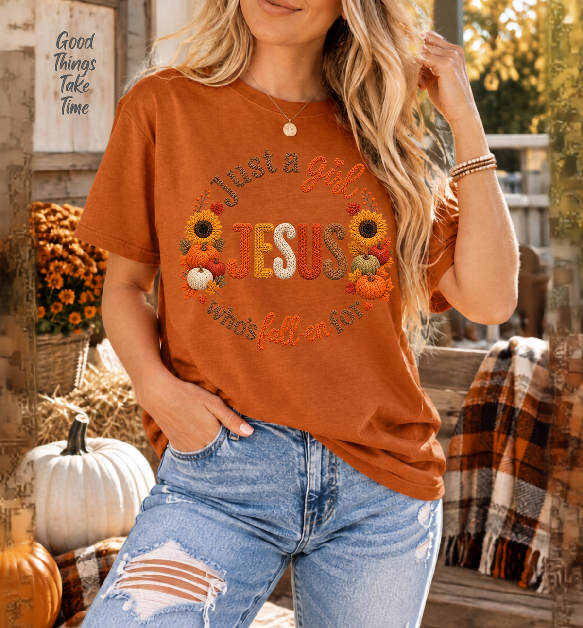 Just a girl who’s fall-en for Jesus  T-Shirt | Fall Pumpkin Cross Faith Design