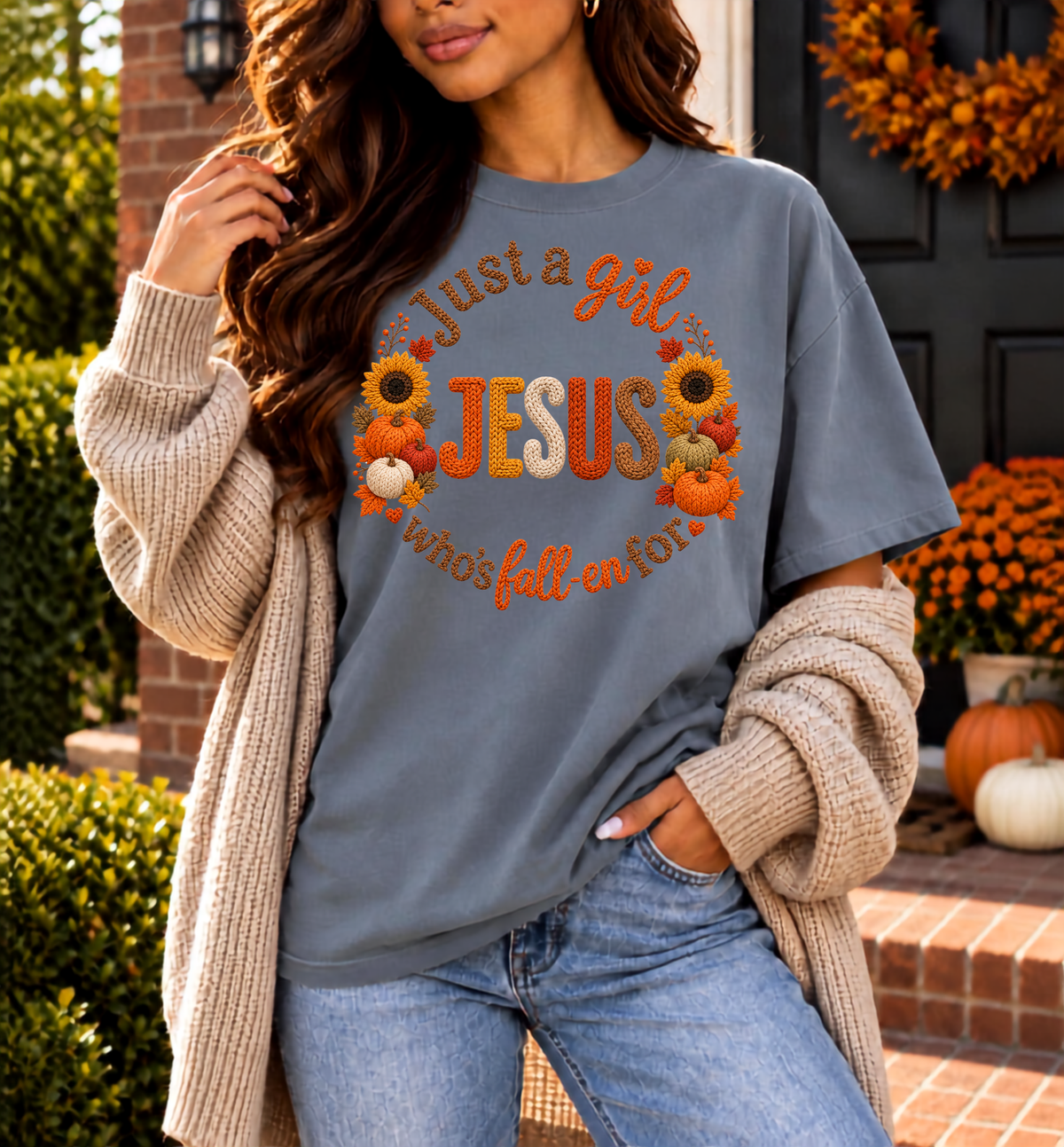 Just a girl who’s fall-en for Jesus  T-Shirt | Fall Pumpkin Cross Faith Design