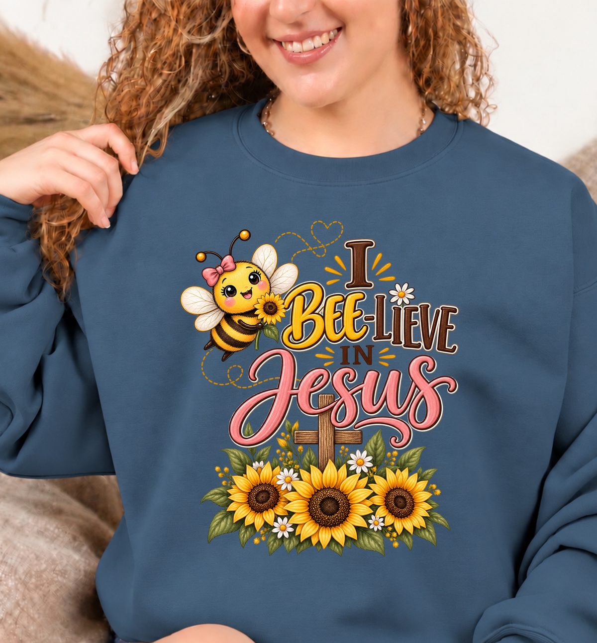 I Bee-lieve in Jesus Sweatshirt | Cute Bee Sunflowers Faith Christian Crewneck