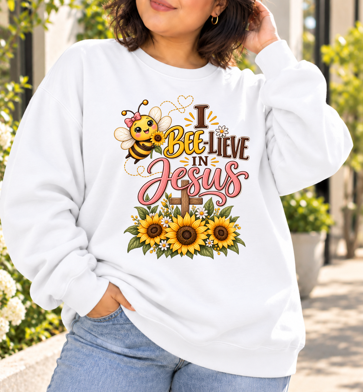 I Bee-lieve in Jesus Sweatshirt | Cute Bee Sunflowers Faith Christian Crewneck