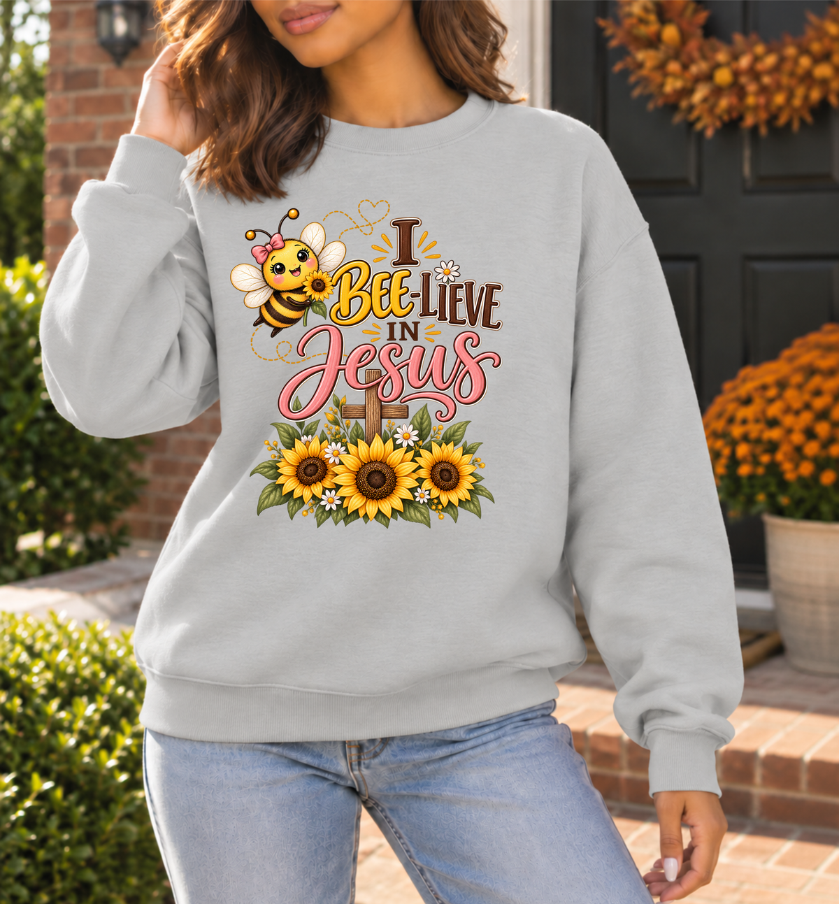 I Bee-lieve in Jesus Sweatshirt | Cute Bee Sunflowers Faith Christian Crewneck