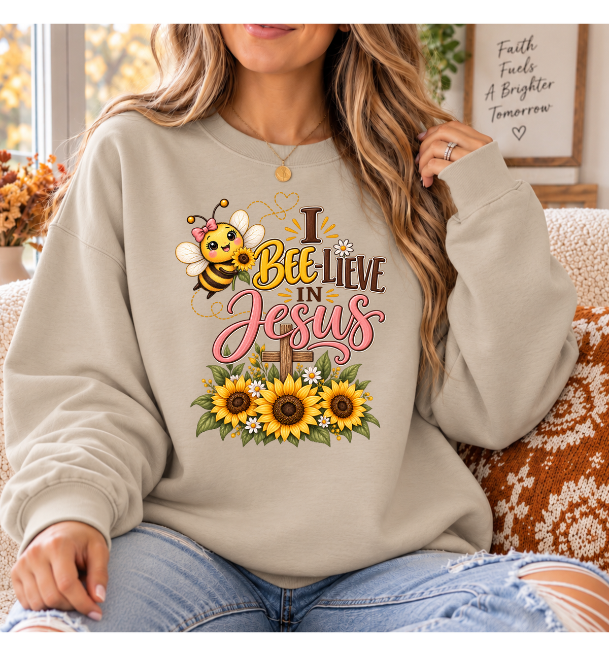 I Bee-lieve in Jesus Sweatshirt | Cute Bee Sunflowers Faith Christian Crewneck