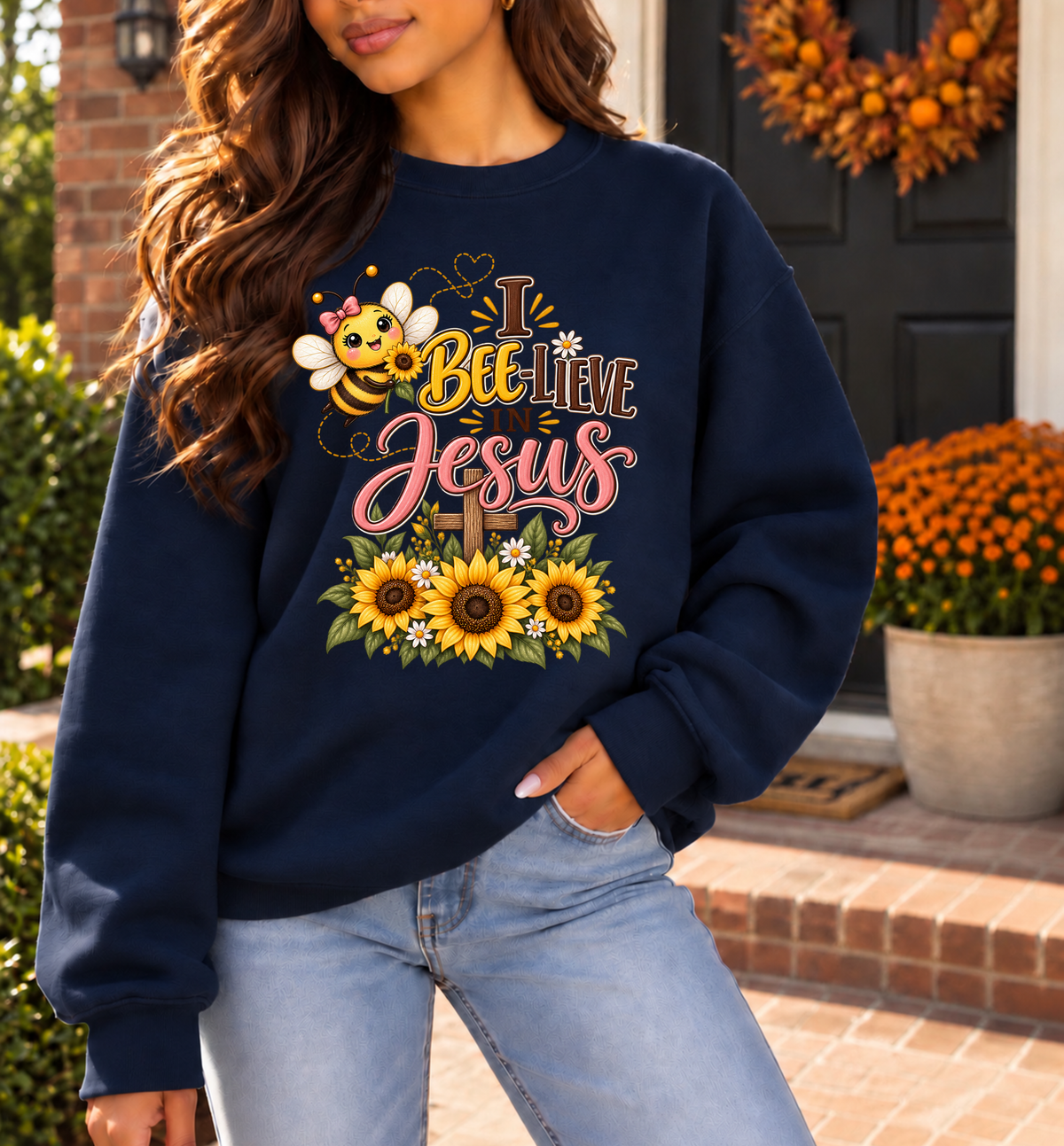 I Bee-lieve in Jesus Sweatshirt | Cute Bee Sunflowers Faith Christian Crewneck