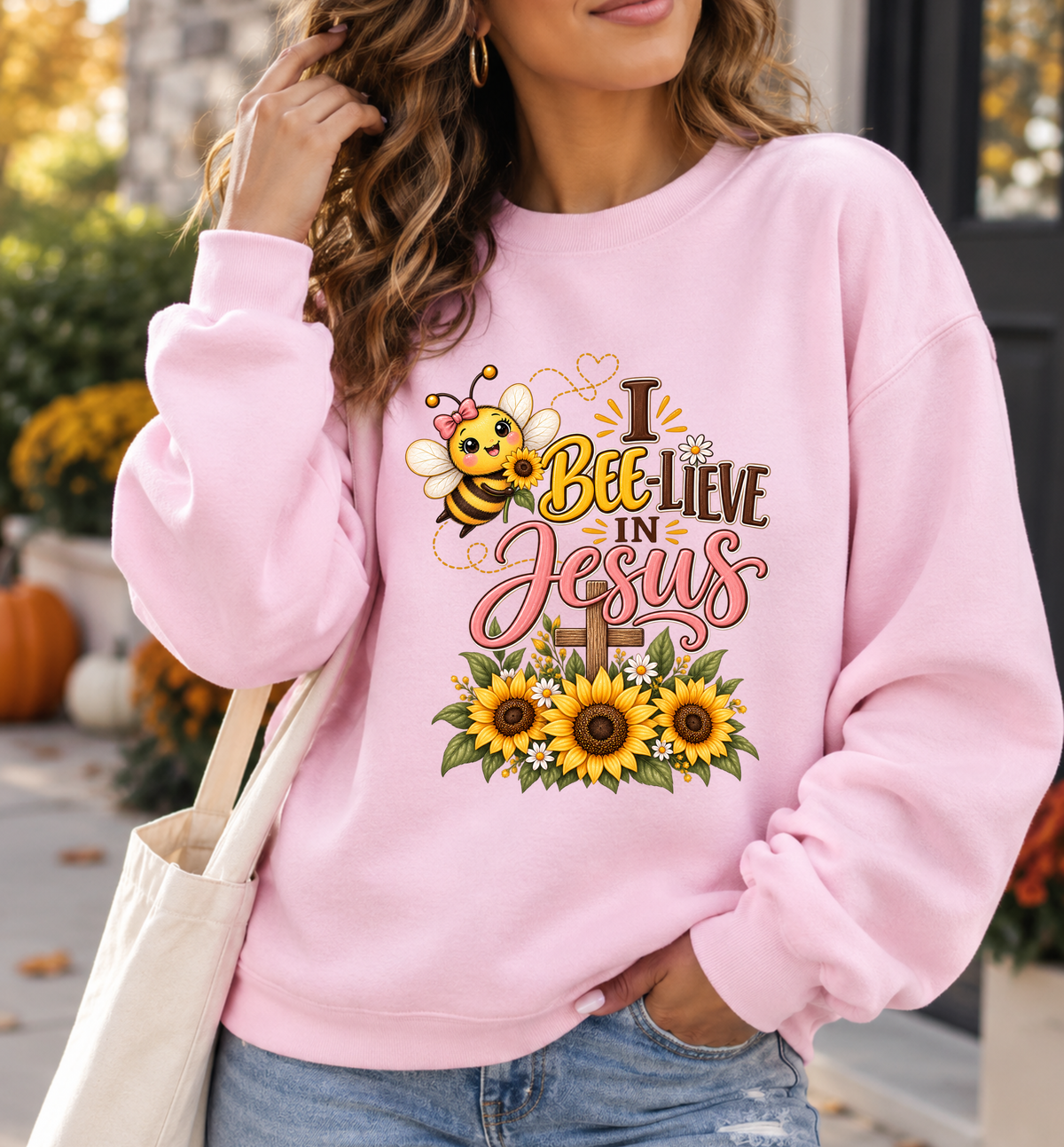 I Bee-lieve in Jesus Sweatshirt | Cute Bee Sunflowers Faith Christian Crewneck
