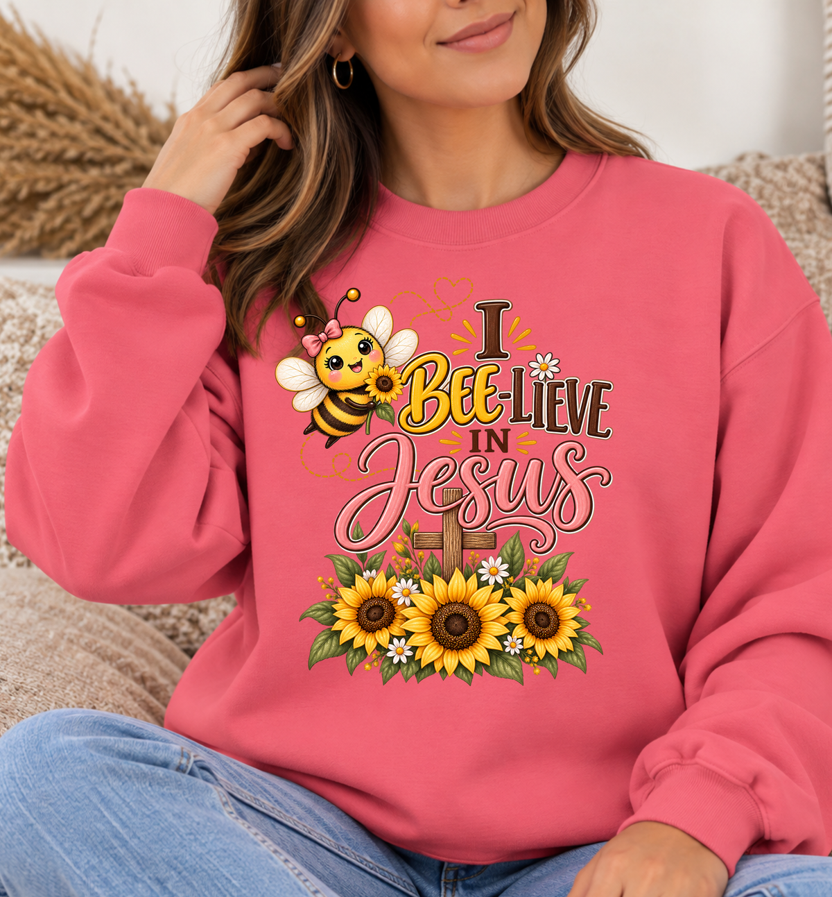 I Bee-lieve in Jesus Sweatshirt | Cute Bee Sunflowers Faith Christian Crewneck