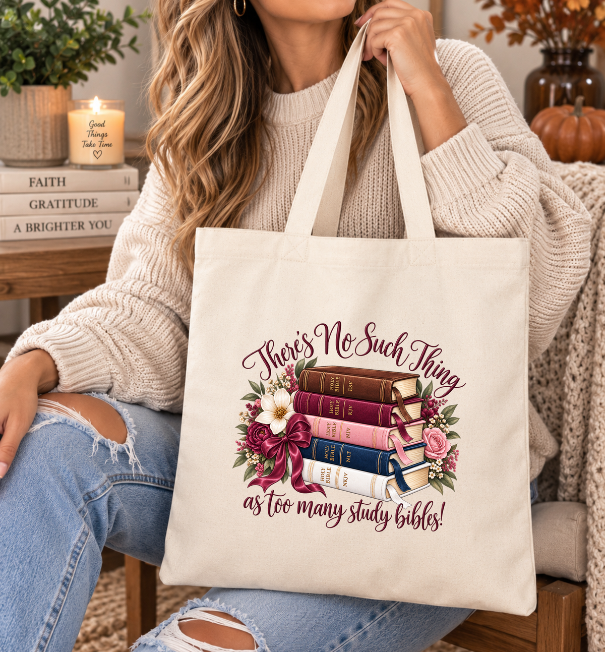 Book Lover Tote Bag — “There’s No Such Thing as Too Many Study Bibles” Cotton Canvas Tote