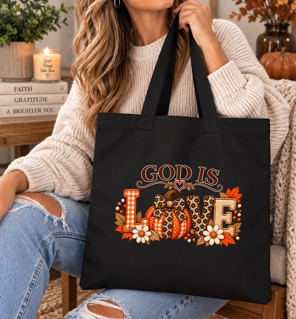 God Is Love Fall Black Canvas Tote Bag