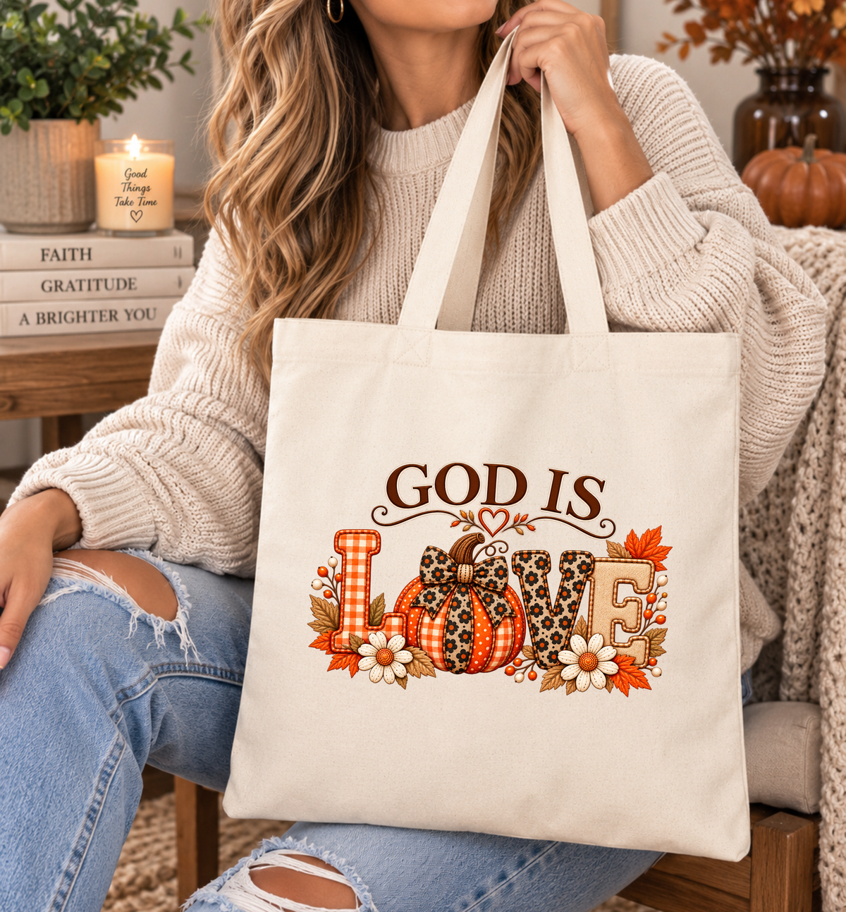 God Is Love Fall Black Canvas Tote Bag