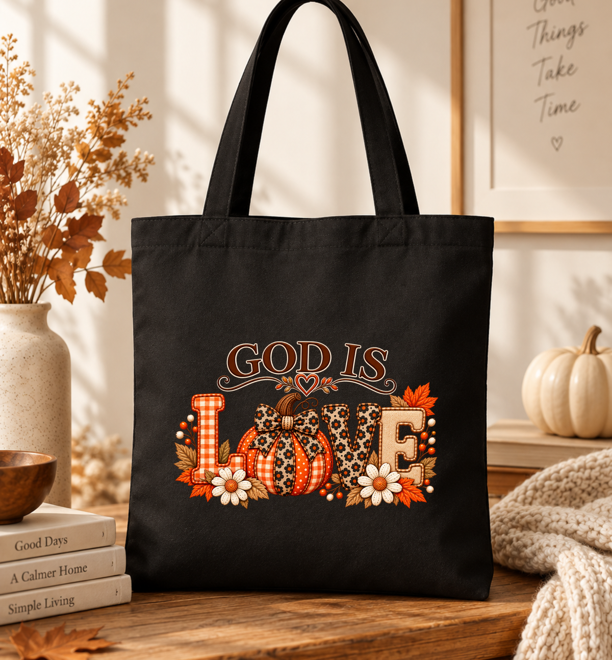 God Is Love Fall Black Canvas Tote Bag