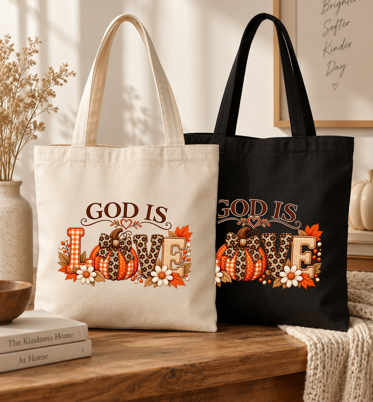 God Is Love Fall Black Canvas Tote Bag
